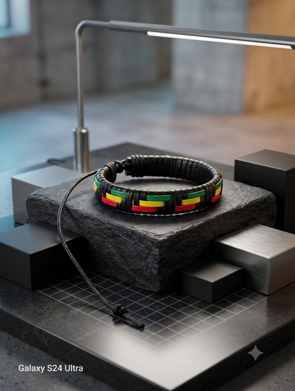 Handwoven Leather Bracelet with Red, Green & Yellow Accents